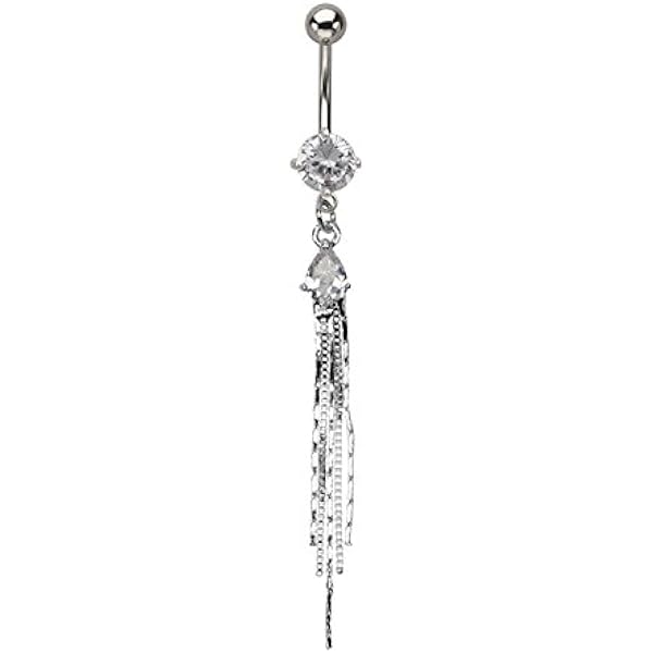 14GA Stainless Steel Belly Button Ring - Clear Crystal Bow Dangling Navel Barbell Piercing Jewelry