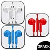 Ultimate-Audio 3-PACK Premium Earphones/Earbuds/Headphones with Stereo Mic&amp;Remote Control Compatible with iPhone iPad iPod Samsung Galaxy &amp; Android Smartphones, PC 3.5 mm Audio Jack - White, Red, Blue