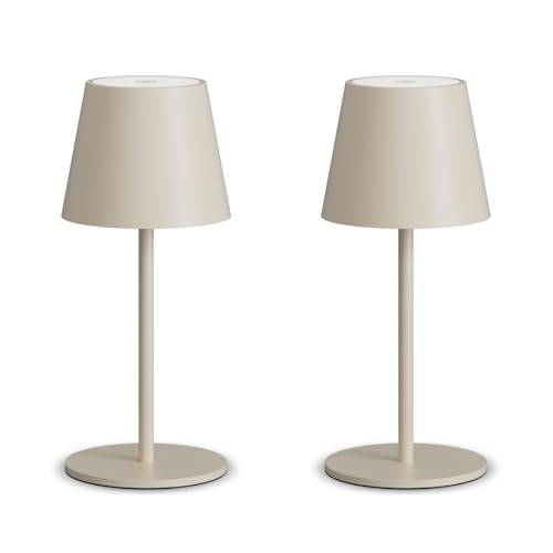 lundwa Dimmable LED Battery Table Lamp Beige 26 cm, 5000 mAh (5 V 2 A) Camping Lamp Battery Rechargeable, 3 W 3000 K Table Lamp Wireless, IP54 Outdoor Table Lamp for Restaurant, Bedroom, Garden, Office (Pack of 2)