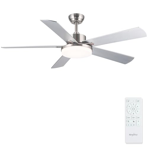 Newday 52" Ceiling Fan with Light and Silver Remote Control, Reversible 5 Ceiling Shovel with Dimmable Light, Large Silent Ceiling Fan for Living Room, Bedroom, Kitchen, Terrace