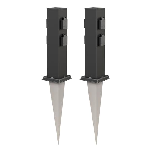 ledscom.de 2X Garten-Steckdosen-Säule Polly mit Erdspieß für außen, IP44, 4-Fach, Edelstahl, eckig, schwarz, 40cm