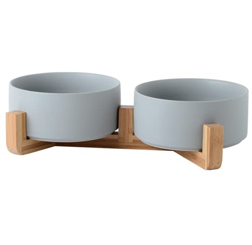 Bowls for Dogs and Cats Ceramic Bowls Raised with Bamboo Holders Ceramic Raised Bowls with Wooden Holders (DOUBLE 13.5 CM, GREY)