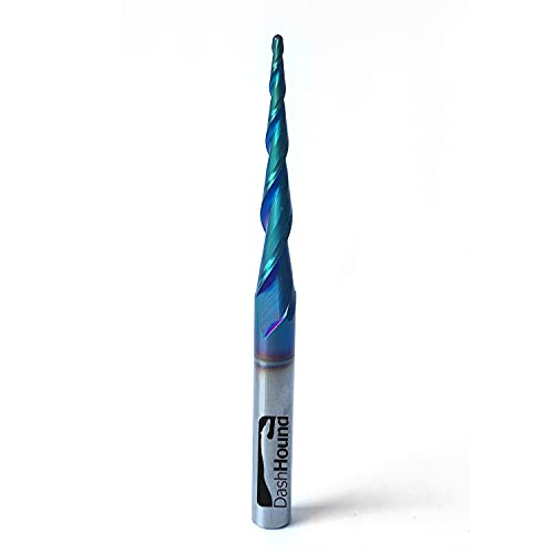 DashHound 2 Flutes Ball Nose Up Cut CNC Router Bits NACO Coated Spiral 2D and 3D Carving Bit Tapered Angle 3.6 Deg with 1/16 Inch Cutting Dia, 1/16"CD X 1-1/2"CL X 1/4"SHK x 3"OL
