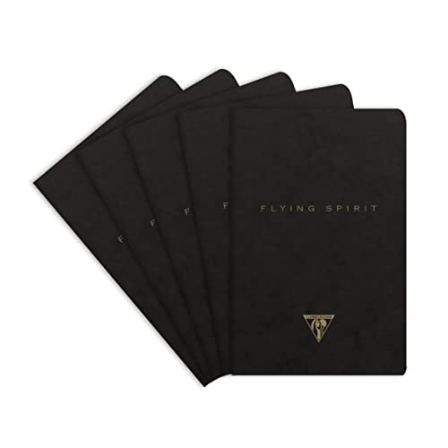 Clairefontaine 102586C - A pack of 5 Flying Spirit thread-stitched notebooks 96 ivory pages 9x14 cm 90g lined, black glossy card cover, assorted pattern