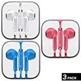 Ultimate-Audio 3-Pack Premium Earphones/Earbuds/Headphones with Stereo Mic&amp;Remote Control Compatible with iPhone iPad iPod Samsung Galaxy &amp; More Android Smartphones, PC 3.5 mm Headphone Audio Jack