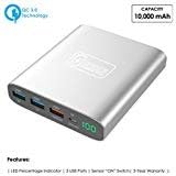 Portable Charger Quick Charge (QC) 3.0 Technology by SPEED CHARGER ZONE | (Silver) | 10,000 mAh with 3 Fast USB Charging Ports, LED Touchscreen Sensor ON Switch, Smartphones, Tablets and More!