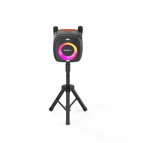 80W Portable Bluetooth Speaker with Two Microphones with Volume Control & Tripod 10-12Hrs Playtime LED Lights, TWS/TF Card Wireless Speaker for Singing Karaoke, Outdoor-Indoor Parties, Black at Amazon