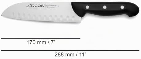 Coltello Santoku in Acciaio Inossidabile Nitrum – Coltello da Cucina Giapponese per Pesce, Carne e Verdure, Manico Ergonomico in Poliossimetilene POM, Lama da 170 mm – Nero, Serie Maitre
