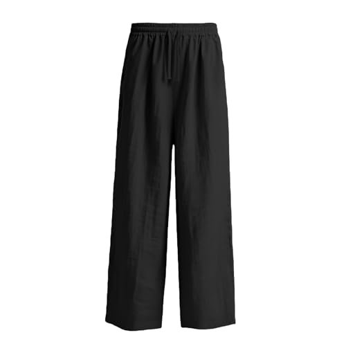 RUIRUILICO Women's Linen Pants Summer Casual Lightweight Wide Leg Pants Elastic Waist Baggy Beach Pants Plus Size Drawstring Pockets Solid Color