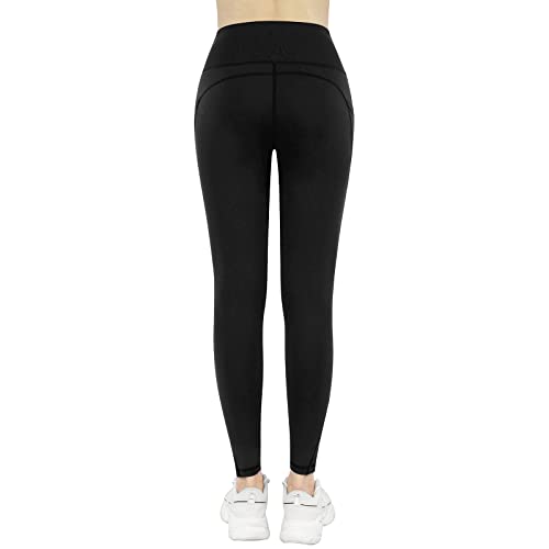 KKB WOMEN’S HIGH WAISTED YOGA LEGGINGS WITH SIDE POCKETS,TUMMY CONTROL SPORTS WORKOUT ATHLETIC RUNNING PANTS(BLACK,L)
