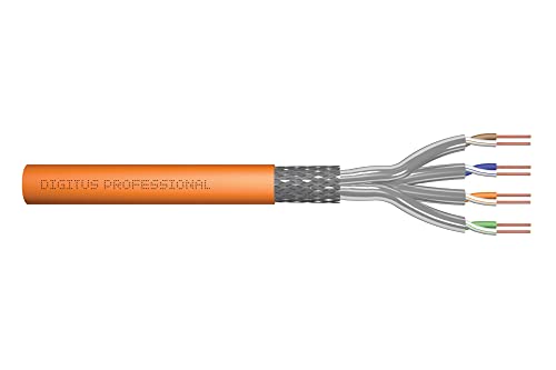 DIGITUS Cable de red Cat 7 de 25 m, S-FTP (PiMF) Simplex, BauPVO Dca, LSZH Libre de halógenos, Cobre de 1200 MHz AWG 23/1, Compatible con PoE+, Cable LAN Cable Ethernet, Naranja