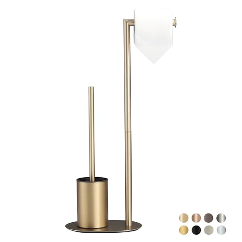 BVL Toilet Roll Holder and Toilet Brush Gold Brushed Toilet Brush with Stainless Steel Toilet Paper Holder, Toilet Paper Holder from the Floor Toilet Brush Bathroom Toilet