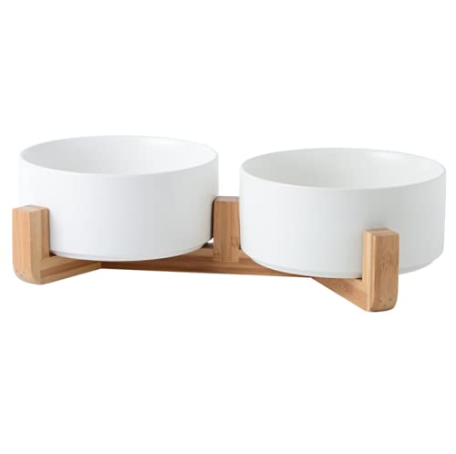 double ceramic bowls for cats and small dogs 5" each made of bamboo, 2x400ml raised and raised from the ground with non-slip base (DOUBLE 12.8 CM, WHITE)