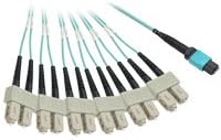 MTP / MPO Female Fanout Aqua Cable with 6 Duplex SC, 50/125 OM3 3mm OFNP 10 Meter with Flex Boot - Distributed by NAC Wire and Cables