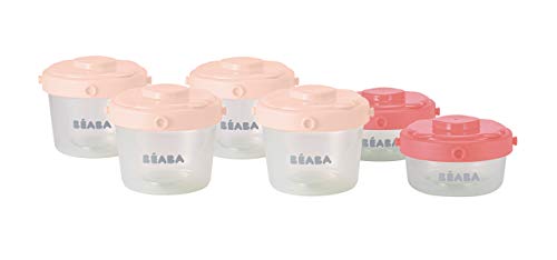 BEABA Clip Containers, Set of 6, 2 oz & 4 oz for Snacks and Baby Food, Pink
