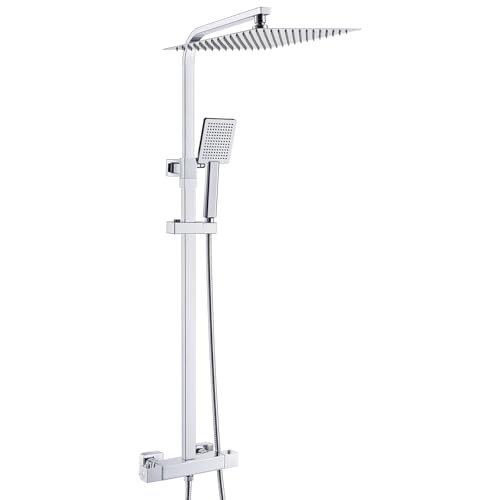 Auralum Thermostatic Chrome Shower Column with Brass Mixer Tap 30 x 30 cm, Square Hand Pump, Height Adjustable – Complete Bathroom Kit