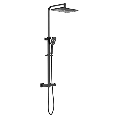 YOOZENA Black Thermostatic Shower Column, Bath Showers Column Height Adjustable with Tap, Shower Head with Hose, Square Rain Effect 29 x 19 cm