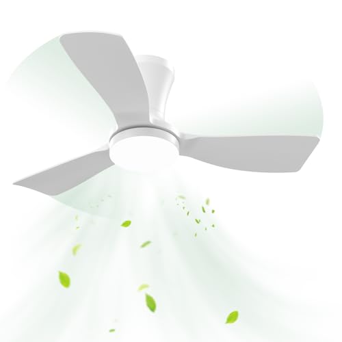 Ventilador de Teto Branco de Três Pás de 91 cm com Luz LED, Motor DC Silencioso, Controle Remoto, 6 Velocidades, 100V-240V, Função Reversível e Instalação Flush Mount