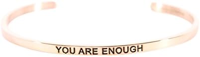 Simply Mantra Inspirational Adjustable Cuff Band, 20 Bracelet Phrases in Silver, Gold or Rose Gold 316 L Stainless Steel (YOU ARE ENOUGH; ROSE GOLD)