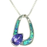 Jewelry Trends Sterling Silver Created Blue Opal Oval Teardrop Pendant with Purple CZ on Chain Necklace