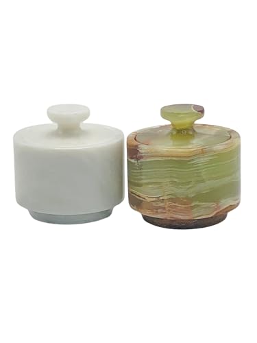 OceanicX Premium Marble Salt Cellar with Lid 2 Pack | 3.5 oz Kitchen Storage Container | Elegant Cooking Salt Box | Spice Jar Keeper for Counter (White Green)