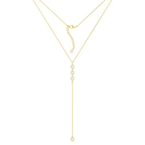 Tewiky Lariat Necklace for Women, Dainty Long Necklaces 14k Gold Plated Heart Pearl CZ Teardrop Pendant Necklace Simple Drop Necklace Trendy Y Necklace Fashion Jewelry for Women