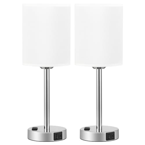 Juego de 2 lámparas táctiles de mesita de noche pequeña, 3 vías, regulables, puertos USB C, A y tomacorrientes, modernas para habitación de niños, con pantalla de lino y base plateada, color blanco