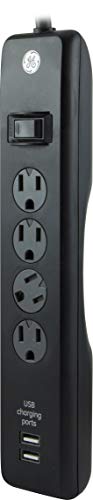 GE Power Strip Surge Protector, 4 Outlets, USB Charger with 2 Ports, 6 Ft Power Cord, Twist to Close Safety Covers, 450 Joules, Automatic Shutdown Technology, Integrated Circuit Breaker, Black, 37465