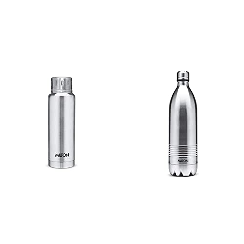Milton Elfin 300 Thermosteel 24 Hours Hot and Cold Water Bottle, 300 ml, Silver+Milton Duo DLX 1000 Thermosteel 24 Hours Hot and Cold Water Bottle, 1 Litre, Silver