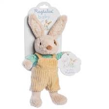 Ragtales Luxury Soft Toy/Rattle - Baby Alfie Softie - Beige Velour Rabbit with Removable Corduroy Dungarees and Blue Knitted Jumper.