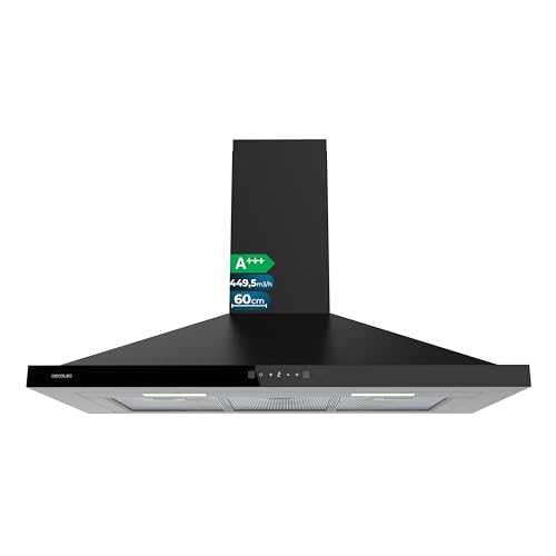 Cecotec Campana Extractora Piramidal 90 cm Bolero Flux PT 904400 Black A+++. Cristal Frontal en Negro, Succión 449,5 m³/h, Control Táctil Invisible, Función Booster, Filtros Lavables, Clase A+++