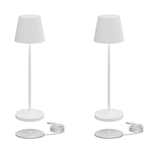 Klighten 2 x Dimmable LED Table Lamp, Rechargeable Warm Light 3000 K Aluminium Desk Lamp, H38 cm, White, IP54, with Charging Base Contact, for Indoor/Outdoor