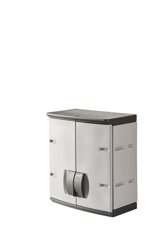 Rubbermaid Wall Mounted Storage Cabinet with Doors 150-Pound Capacity Gray Lockable Three-Shelf Cubbard for Tools/Car Accessories/Cleaning in Home/Garage/Outdoor Areas