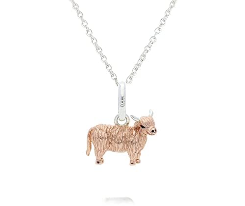 Gemma J Highland Cow Pendant, sterling silver pendant coated with rose gold on an adjustable length silver chain 40-46cm chain
