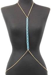 Women's Neon Blue and Gold Tone Chunky Body Chain. 18 Inch Long. 10 Inch.