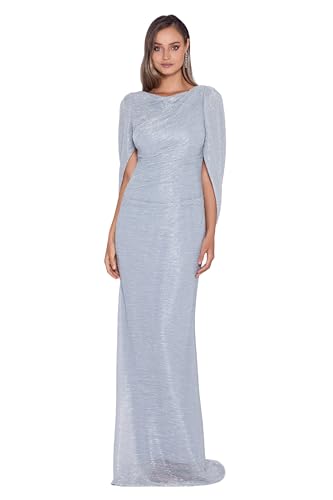 Betsy & Adam Women’s Long Stretchy Metallic 3/4 Sleeve Cowl Neck Drape Back Formal Dress, White/Silver