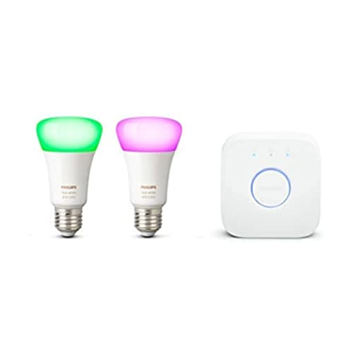 Philips Hue Kit de démarrage Ampoules LED connectées White & Color Ambiance E27, Pack de 2 + pont de connexion, Fonctionne avec Alexa