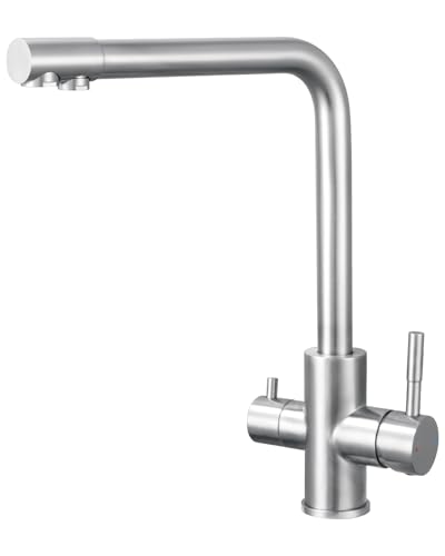 Sofetiy 3-Way Kitchen Tap, Osmosis Tap with 2 Levers, Kitchen Tap with Cold and Hot Water and Filtered Water, Brushed Stainless Steel, 360° Rotatable (No Water Purifier)