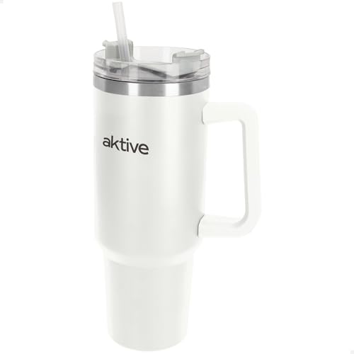 AKTIVE Insulated Stainless Steel Tumbler, 1.2L, White, Measures 15 x 10 x 27 cm, Leakproof Lid, Includes Straw, Ergonomic Handle, BPA Free, Non-Slip Base, Thermos Bottles (63152)