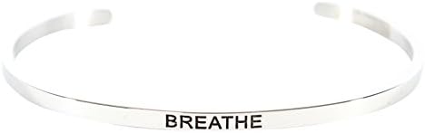 Simply Mantra Inspirational Adjustable Cuff Band, 20 Bracelet Phrases in Silver, Gold or Rose Gold 316 L Stainless Steel (BREATHE; SILVER)