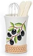 MT35 Kitchen Olive Tree Design Ceramic Utensil Holder for Large Whisks, Serving Spoons and Spatulas 5.5" x 3" x 3"