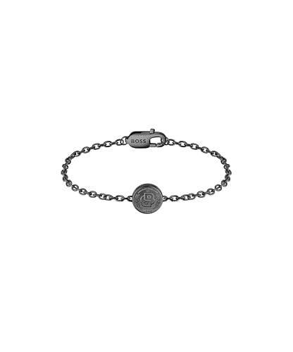 BOSS Jewelry Men's DOUBLE B COIN Collection Bracelet in Black Stainless Steel with a Coin Charm - 1580764M