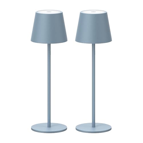 Klighten 2 Pieces LED Dimmable Blue Wireless Desk Lamp, Rechargeable Indoor/Outdoor Battery Powered Table Lamp with USB-C, Warm Light 3000K, Aluminium, Waterproof IP54