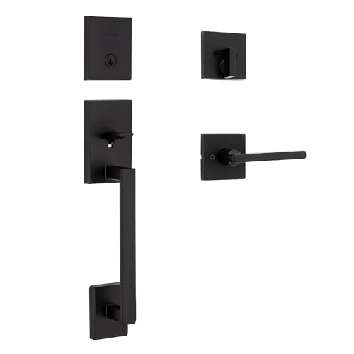 Kwikset 98180-020 San Clemente Single Cylinder Low Profile Front Lock Handleset with Halifax Door Handle Lever Featuring SmartKey Security, Iron Black