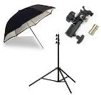 Ivationstudio 43-inch Collapsible White Satin Umbrella Flash Kit with Hot Shoe Umbrella Holder Adapter Mount with Swivel / Tilt Bracket with Aluminum Adjustable Light Stand