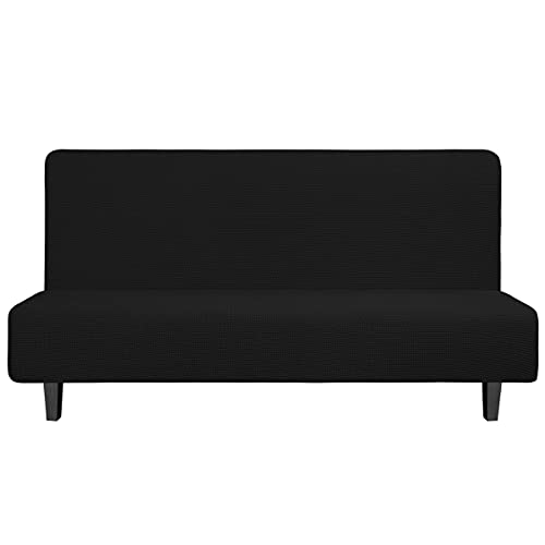 Easy-Going Stretch Futon Slipcover Armless Futon Bed Cover Furniture Protector Without Armrests with Elastic Bottom for Kids, Soft Jacquard Fabric Small Checks (Large, Black)