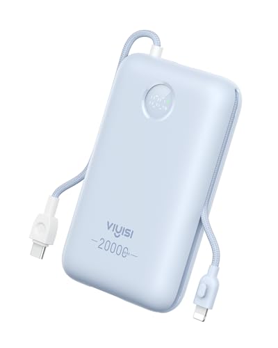 VIYISI Power Bank 20000mAh 30W Fast Charging Portable Charger with Built-in Cables & LED Display, USB C Battery Pack for iPhone, Samsung, iPad and Android Phones, Ideal for Travel -Light Blue
