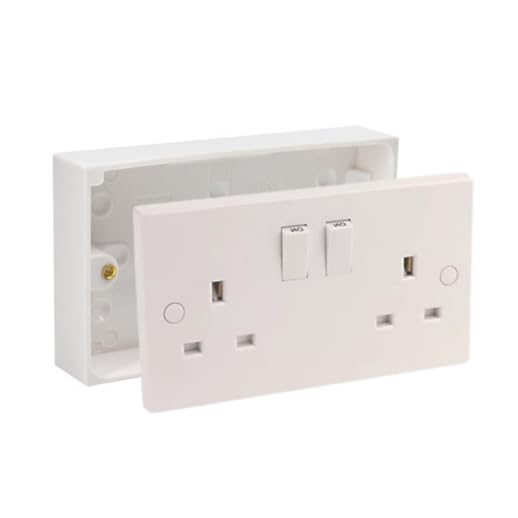 13A Double White Switched Socket Electrical Outlet with Fixing Screws & Double Pattress Back Box Surface Mounted 2 Gang (1, SET with 25mm Box)