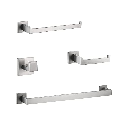DUFU 4 Piece Towel Rail Set of Bathroom Hardware Wall Mounted for Towels, 40 cm, Towel Holder and Toilet Paper, Hooks SUS304 Stainless Steel Silver Brushed