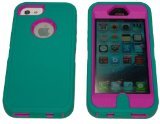 Iphone5/5S Defender Body Armor Case Comparable to Otterbox Defender Series (teal blue/hot pink)
